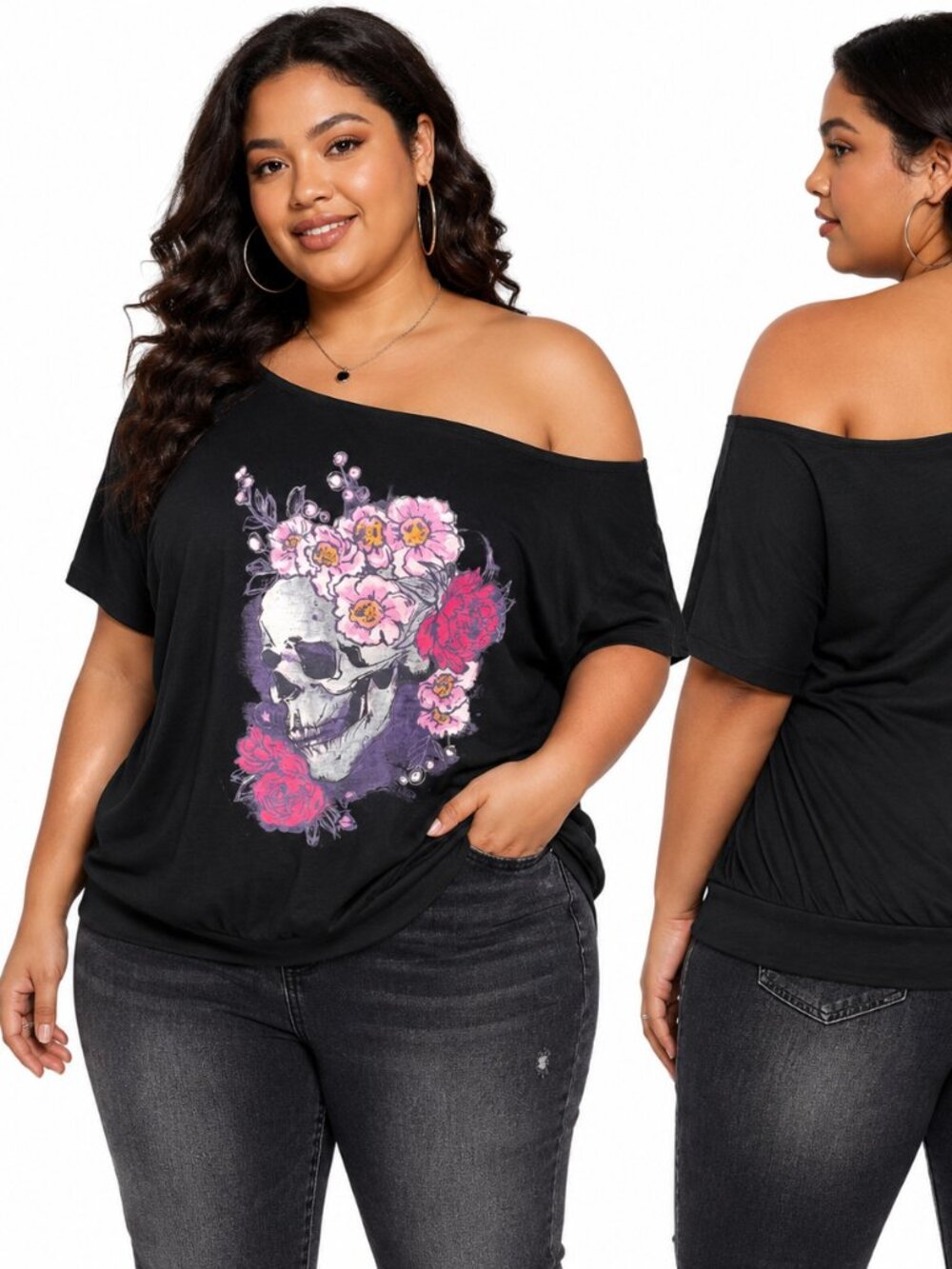Torrid Size 2 Off Shoulder Skull Graphic Tee Shirt Short Sleeves Gothic 2x Plus